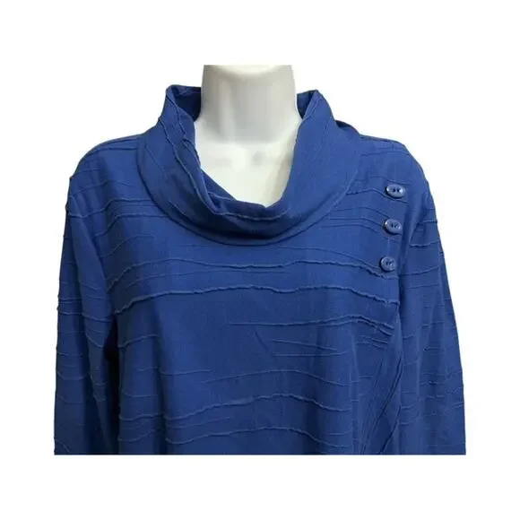 Ali Miles Large Top Royal Blue Pullover Cowl Neck Buttons Overlap Cotton Nylon - Picture 4 of 5
